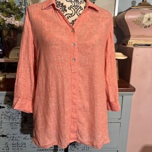 CHICOS Womens Button TOP 3/4 Sleeve Coral Orange Linen  Size 1. Medium.